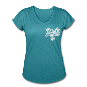 Women's Signature Phoenix Tri-Blend V-Neck Tee (Glitter Print) - heather turquoise